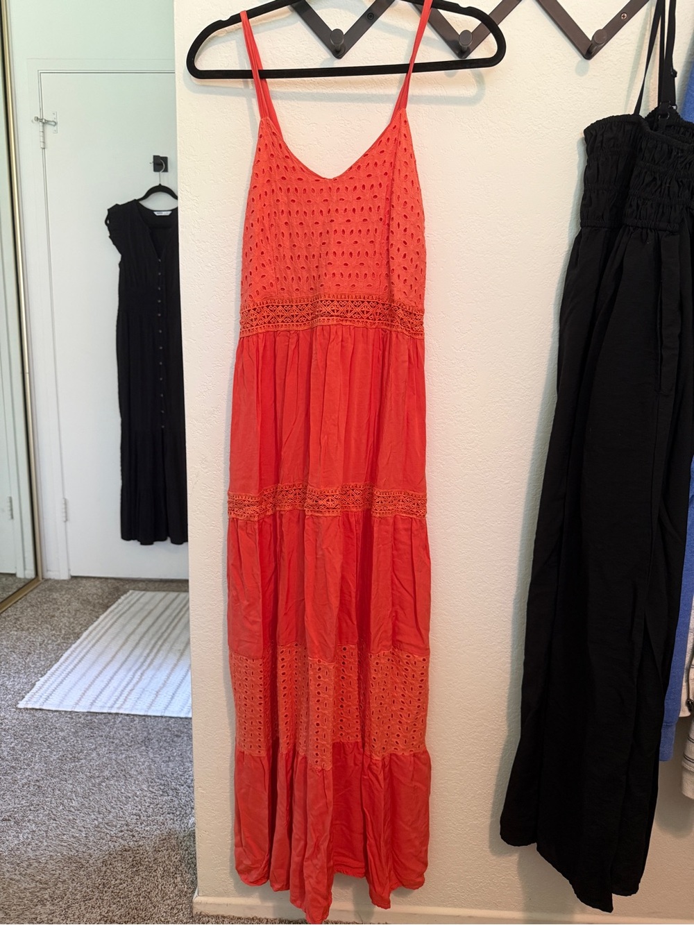Spaghetti-Strap Coral Eyelet Maxi Dress